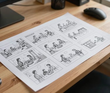 A series of paper storyboard sketches for an instructional video laid out on a light wooden surface, North American / US home office environment, cinematic lighting.