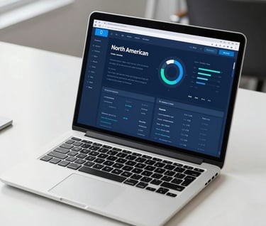 A laptop open on a clean white desk in a North American / US corporate environment, showcasing a multimedia dashboard with a clean blue interface and professional typography. The scene is bright and professional.