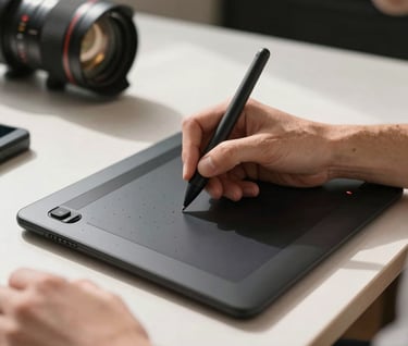 A photograph of a designer's hands using a stylus on a drawing tablet in a sunlit North American / US studio setting.