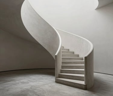 An elegant, low-angle shot of a winding Pale Grey staircase inside a minimalist gallery, with soft Charcoal shadows stretching across the floor.
