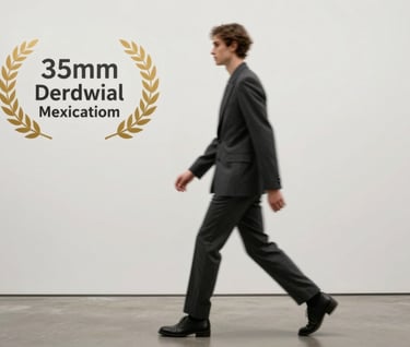 A sophisticated action photograph with a slight motion blur, capturing a model in a dark charcoal ensemble moving through a mist white gallery space. The style is professional and immersive.