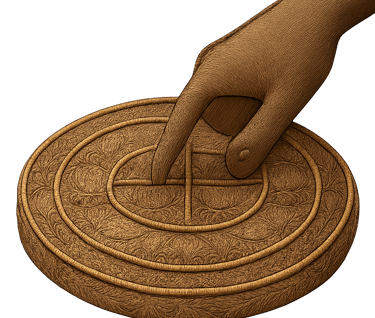 Illustration of a circular divination tray (opon Ifá) with intricate carvings, and a hand with darker skin tone pointing towards its center.
