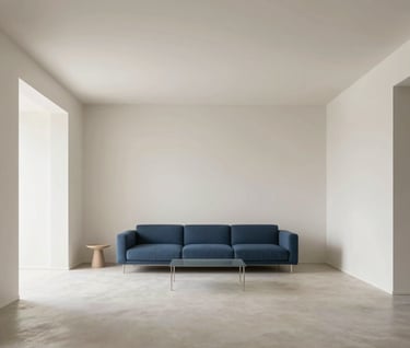 Full-room 3D interior visualization of a minimalist open-plan living area. Neutral palette with off-white walls and muted blue accents. Professional architectural photography style, bright and airy Northern European aesthetic.