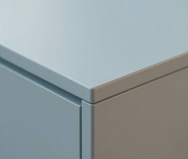 Minimalist detail shot of a custom joint in a piece of furniture, showing high-quality craftmanship and precision. Muted blue and soft white tones, professional product photography with soft depth of field.