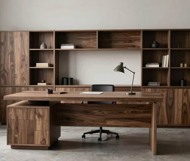 Interior shot of a minimalist home office designed with custom furniture. Professional photography style, Northern European aesthetic, sharp focus on clean lines and textures.