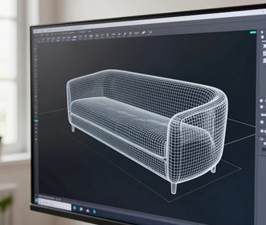 Close-up of a digital screen showing a complex technical 3D wireframe model of furniture, placed in a modern studio environment with natural light and off-white walls. Professional and precise mood.