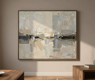A minimalist interior of a North American living space featuring a large framed abstract painting on a soft taupe wall. The painting uses a palette of warm grey and cream. Simple, contemporary wooden furniture is visible in the foreground under soft evening light.