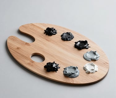 An elegant, minimalist wooden palette holding small mounds of charcoal and light grey oil paint, set against a clean light grey studio background in a North American setting.