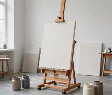 A wide shot of a bright, contemporary North American art studio. A large canvas is perched on a wooden easel, surrounded by jars of grey-taupe and cream pigments. The space is uncluttered and elegant.