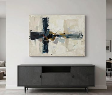 A wide-angle interior photograph of a modern, minimalist North American living room. Allison Egli's large abstract canvas hangs above a contemporary charcoal-colored sideboard. The room is bright with clean lines and soft lighting.