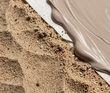 Macro photography showing the rich texture of mixed media art including sand, paper layers, and taupe paint, emphasizing visual engagement and contemporary technique.