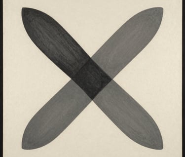 A vertical minimalist painting featuring two intersecting organic shapes in charcoal and warm grey. Clean, sharp lines against a cream textured paper. Studio photography with neutral lighting and a contemporary feel.