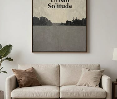 A minimalist North American living room featuring the 'Urban Solitude' painting as a focal point above a mid-century modern sofa. The room is decorated in a sophisticated palette of cream and grey-taupe.