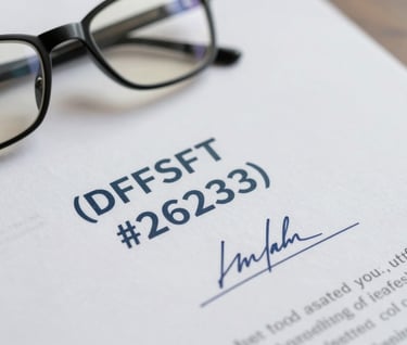 A macro photograph of official legal documents with bold stamps and signatures. A pair of professional glasses rests on the page. The lighting is crisp, focusing on the texture of the paper (#F5F5F5) and the dark ink (#263238). It represents thoughtful inquiry and evidence.
