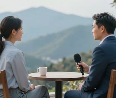 A professional journalistic photo of an interview between a journalist and a local community leader. They are seated in a rustic setting with mountains in the distance. The lighting is natural and soft. The color palette incorporates #607D8B and #B0BEC5 for a calm, trustworthy atmosphere.