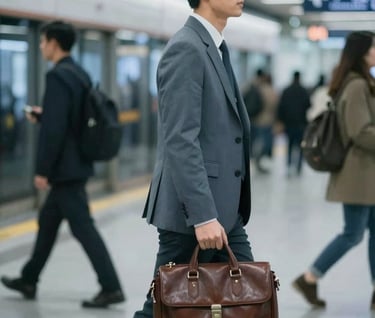 A professional journalist walking through a busy urban transit station with a leather satchel, captured in a moment of motion. The lighting is cool and clean, symbolizing the search for truth in everyday life. Dominated by #607D8B.