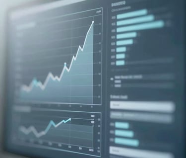 Abstract composition of light reflecting off a glass surface, suggesting a digital interface with blurred data or charts. A conceptual representation of information analysis. Palette features #607D8B and #B0BEC5.