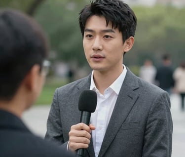 A candid portrait of a source being interviewed in a city park, showing only the back of the journalist holding a microphone. Professional documentary style, soft bokeh background, conveying thoughtful inquiry. Touches of #607D8B.