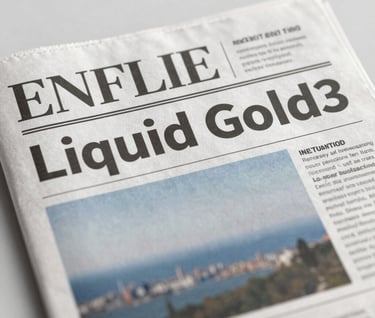 A clean, modern newspaper front page displayed on a light surface. The lead headline features the 'Liquid Gold' investigation in a bold Montserrat font. The design is minimalist, using #F5F5F5 and #607D8B tones to highlight clear communication and professional publication.