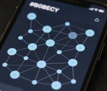 Macro shot of a smartphone screen displaying a complex data visualization map with nodes and connections in shades of #B0BEC5 against a dark #263238 background. The image represents clear communication of complex data.