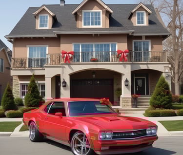 a red car parked in front of a house