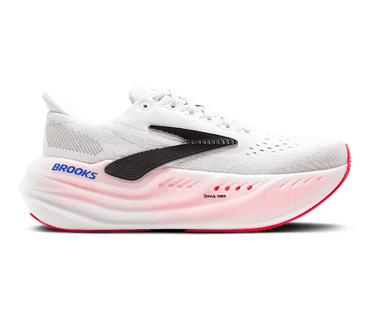 Brooks Glycerin Max running shoe showcasing its high-stack cushioning and engineered mesh upper on a road surface.