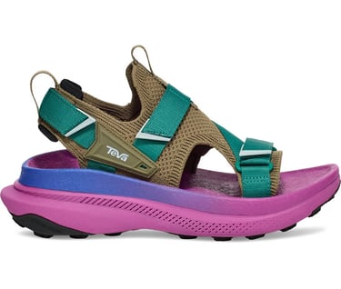 Teva Aventrail trail running sandal in vivid violet, showing adjustable three-point straps, cushioned midsole, and grippy rub