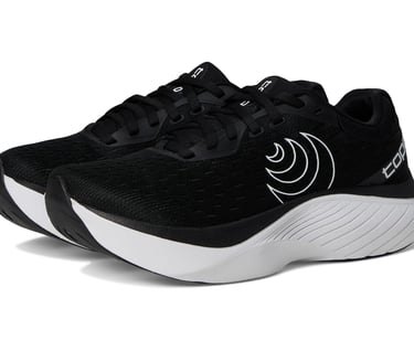 Topo Atmos max cushion running shoe in blue and orange, showing wide toe box, cushioned midsole, and breathable recycled mesh