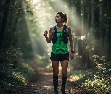 A female runner in a green top and hydration vest eats a snack while walking on a wooded trail, looking tired but determined.