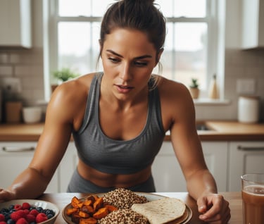Female runner looking at a plate of carb-rich foods like sweet potatoes and quinoa in a kitchen.