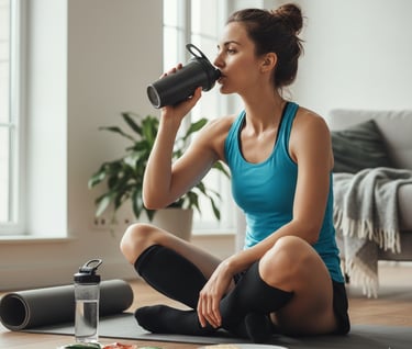 Woman in athletic wear drinking from a shaker after a run, with recovery snacks and water nearby.