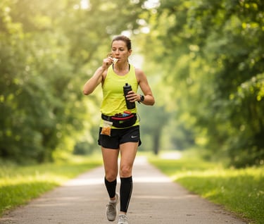 Female runner on a path eating an energy bar and holding a water bottle for intra-run fueling.