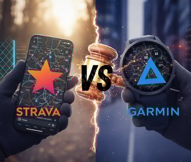 A legal dispute between Strava and Garmin over patent infringement on key running data features.