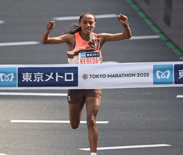 Tadese Takele and Sutume Asefa Kebede celebrate after their victories at the 2025 Tokyo Marathon.