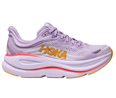 Hoka Bondi 9 running shoe in Starlight Glow colorway showing knit upper, 43 mm stack height, and redesigned heel collar.