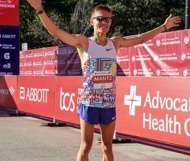 Conner Mantz after the Chicago Marathon, setting the American Record of 2:04:43.