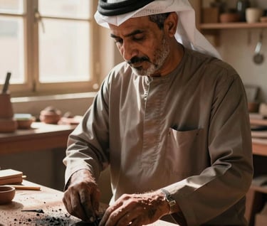 A warm, authentic portrait of a craftsman at work in a Middle Eastern / Gulf workshop, natural sunlight pouring in from a window. The style is cinematic and spontaneous, utilizing charcoal and burnt terracotta tones.