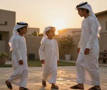 Candid shot of Middle Eastern / Gulf children playing in a backyard during sunset, warm golden lighting, soft off-white clothing, cinematic lifestyle photography.
