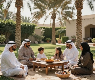Lifestyle photography of a joyful family gathering in a lush, sun-lit garden of a Middle Eastern / Gulf home, warm sunlight filtering through palm trees, natural expressions, soft sand and charcoal color palette.