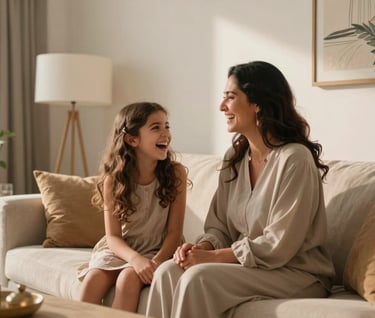 A lifestyle shot of a mother and daughter sharing a genuine moment of laughter inside a sun-drenched living room with modern Middle Eastern / Gulf decor. Soft off-white walls and tan textiles. Cinematic lighting and warm atmosphere.