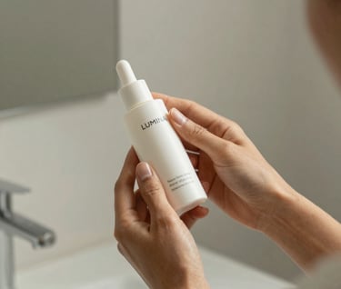 A lifestyle photograph for the Lumina brand campaign. A person in a modern North American / US home is seen in soft focus, using the skincare product. The overall atmosphere is serene and professional, featuring a palette of Off-White and Soft Sage.