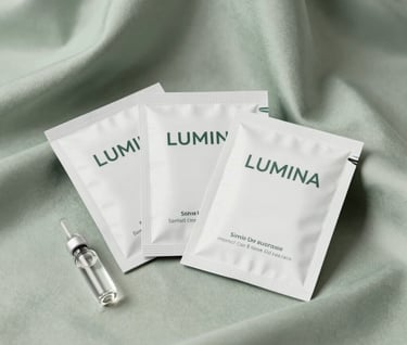 A studio product photograph of a collection of Lumina sample sachets and small glass vials. They are arranged artfully on a Soft Sage silk fabric, showcasing the studio's mockup services. A professional North American / US aesthetic with clean, bright lighting.