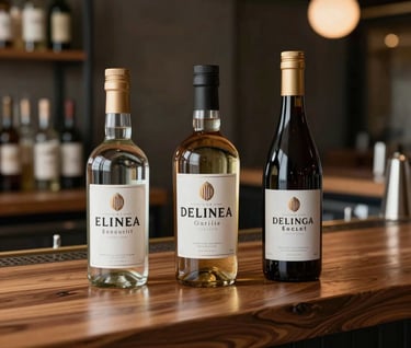 An elegant lifestyle photograph of three different spirit bottles with matching branding, displayed on a clean wooden bar top in a modern North American / US establishment. The lighting is moody and sophisticated.