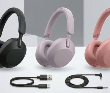 Sony WH-1000XM5 wireless noise cancelling headphones in black, lilac, and pink with charging cables.