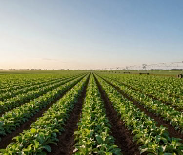 A vast, modern agribusiness farm in a East African / Tanzanian landscape, with rows of vibrant green crops and efficient irrigation under a clear morning sky.