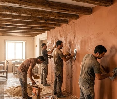 Professional construction workers applying terracotta plaster to a wall in a rustic room with wooden beams.