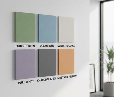 Modern wall display showing textured interior paint color samples and name labels in a minimalist room.