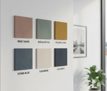 Modern interior wall featuring six textured paint color swatches in earthy and muted tones.
