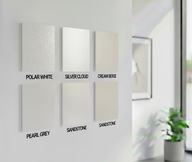 Textured wall paint color samples including Polar White, Silver Cloud, and Pearl Grey.