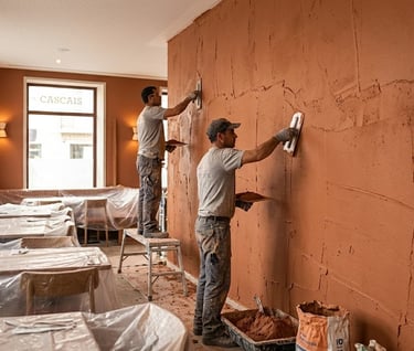 Professional contractors apply plaster to the wall of a restaurant during a renovation.